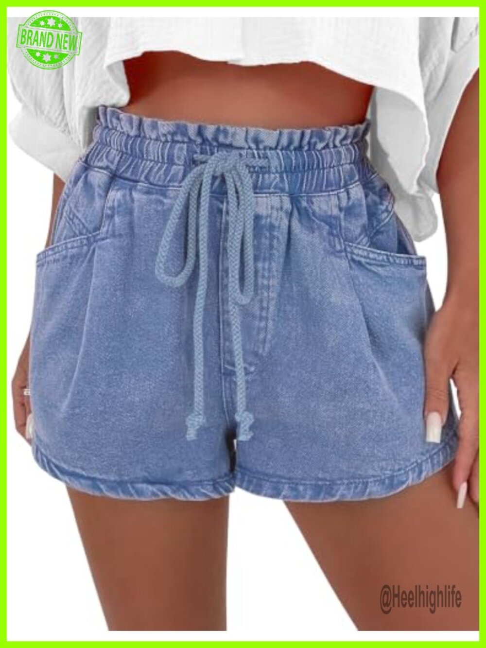 High Rise Stretchy Denim Shorts for Women, Drawstring Elastic Waist, 4-Pocket